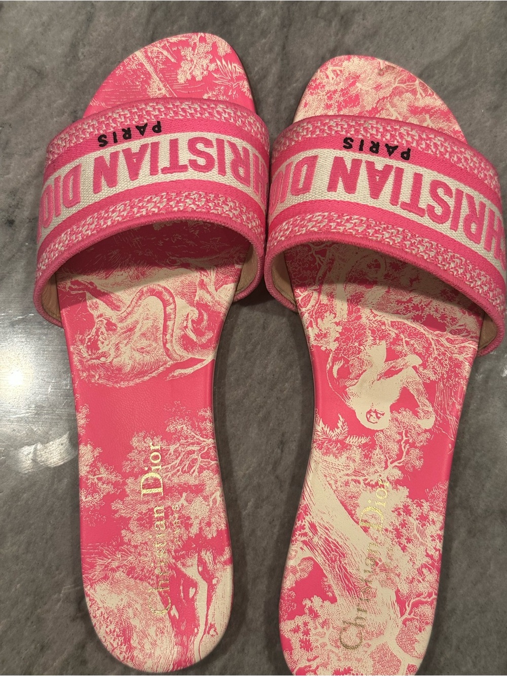 Dior Pink Toile Slide Sandals with Cream Toile Accents
